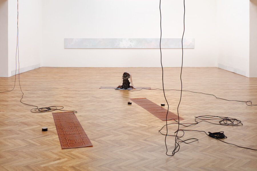 Sam Lewitt, Slabé místní rozhraní (MHTL), ohebné topné segmenty plátované mědí, blok motoru Volkswagen TDI 1.9, 2016; Cheyney Thompson, Malba náhodným procesem (46560 kroků): Funkcionální cesta (Okrajové podmínky: dvojitá lokalizace (Via Francesco Redi 23